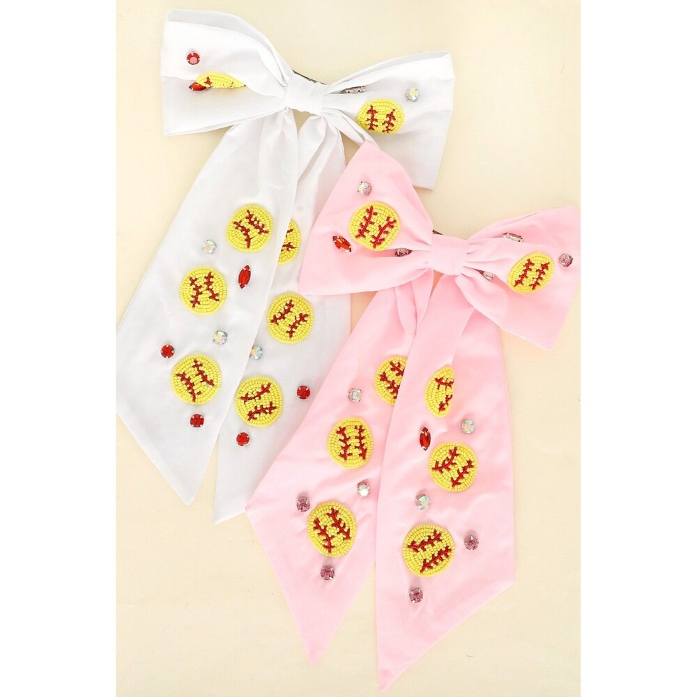 Softball Embroidered Bow Barrette Hair Clip - Diona J